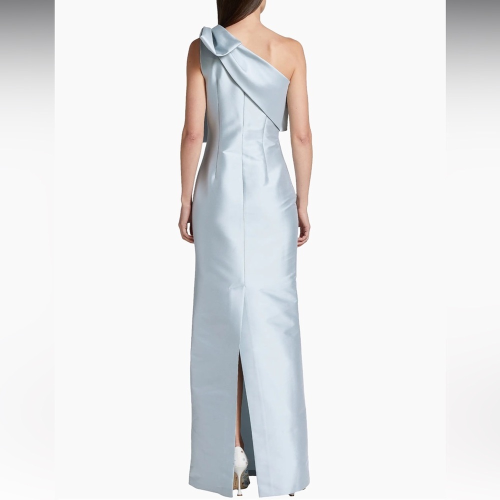 Sachin and Babi BONNIE one shoulder bow sliver gown Sz 4 - Picture 4 of 9